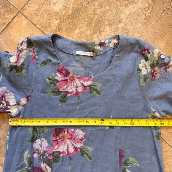 VASNA Lagenlook Linen Dress Blue Floral Made in Italy Oversized Pockets Boho M - Picture 12 of 13